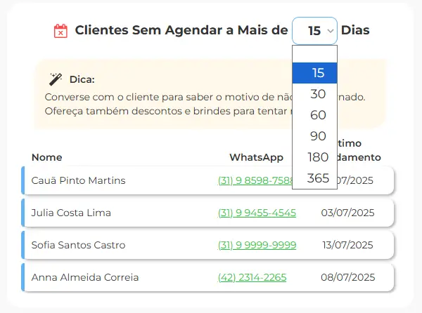 vista da lista de clientes inativos da clinica no sistema unyq