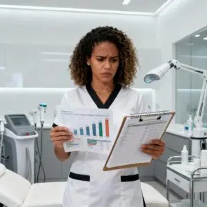 esteticista preocupada olhando relatorios