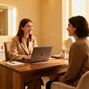 esteticista atendendo sua paciente em sua clinica